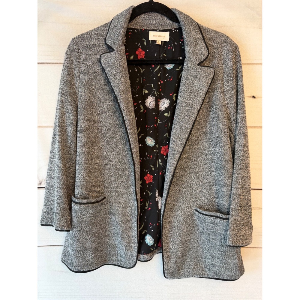 Skies Are Blue Grey Knit Floral Lined Blazer Jacket Grey Marl Size Large 22048
